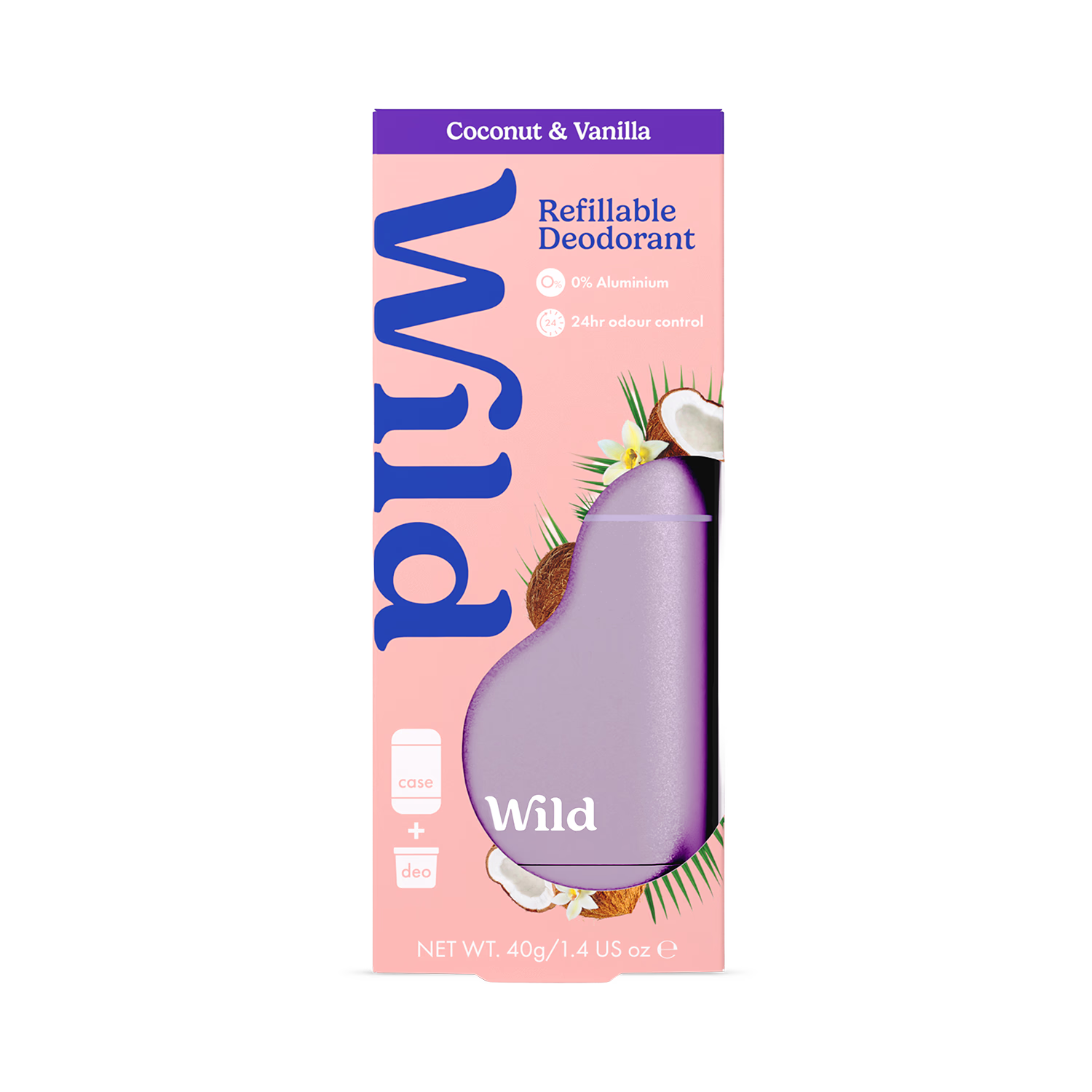 WILD Coconut & Vanilla deodorant starter pack with reusable case (British brand)
