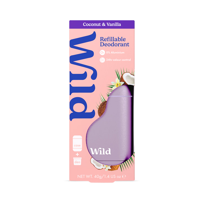 WILD Coconut & Vanilla deodorant starter pack with reusable case (British brand)