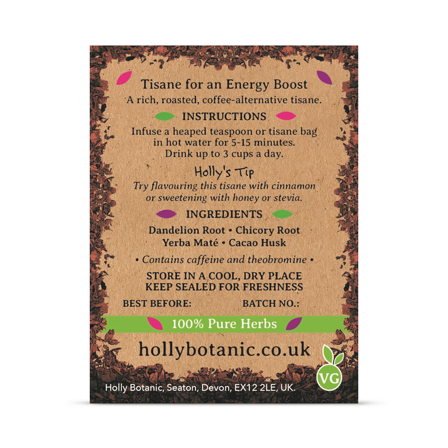 Holly Botanic energise tisane cacao and maté 40 cup loose, UK version
