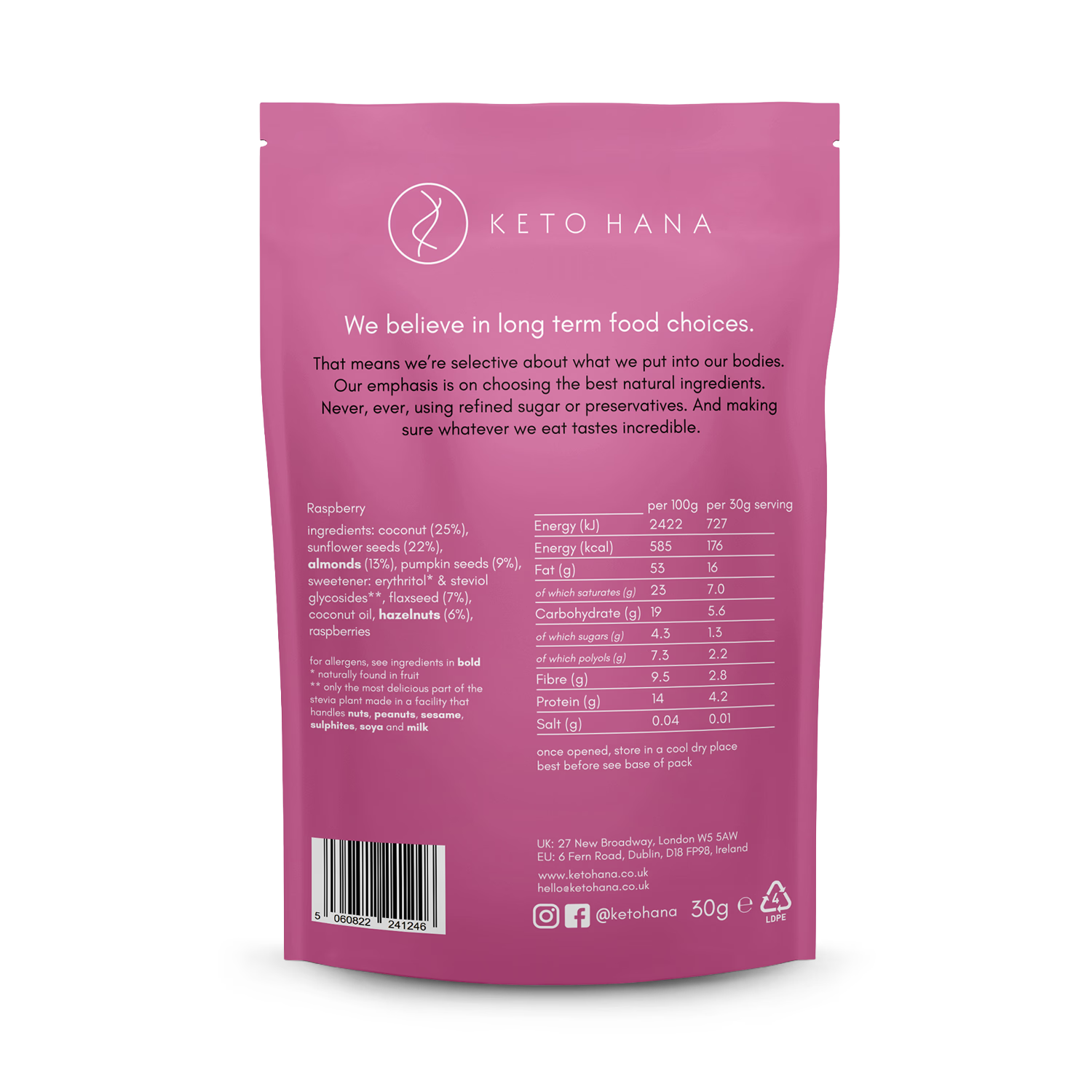 Keto Hana raspberry granola 300g, imported from the UK