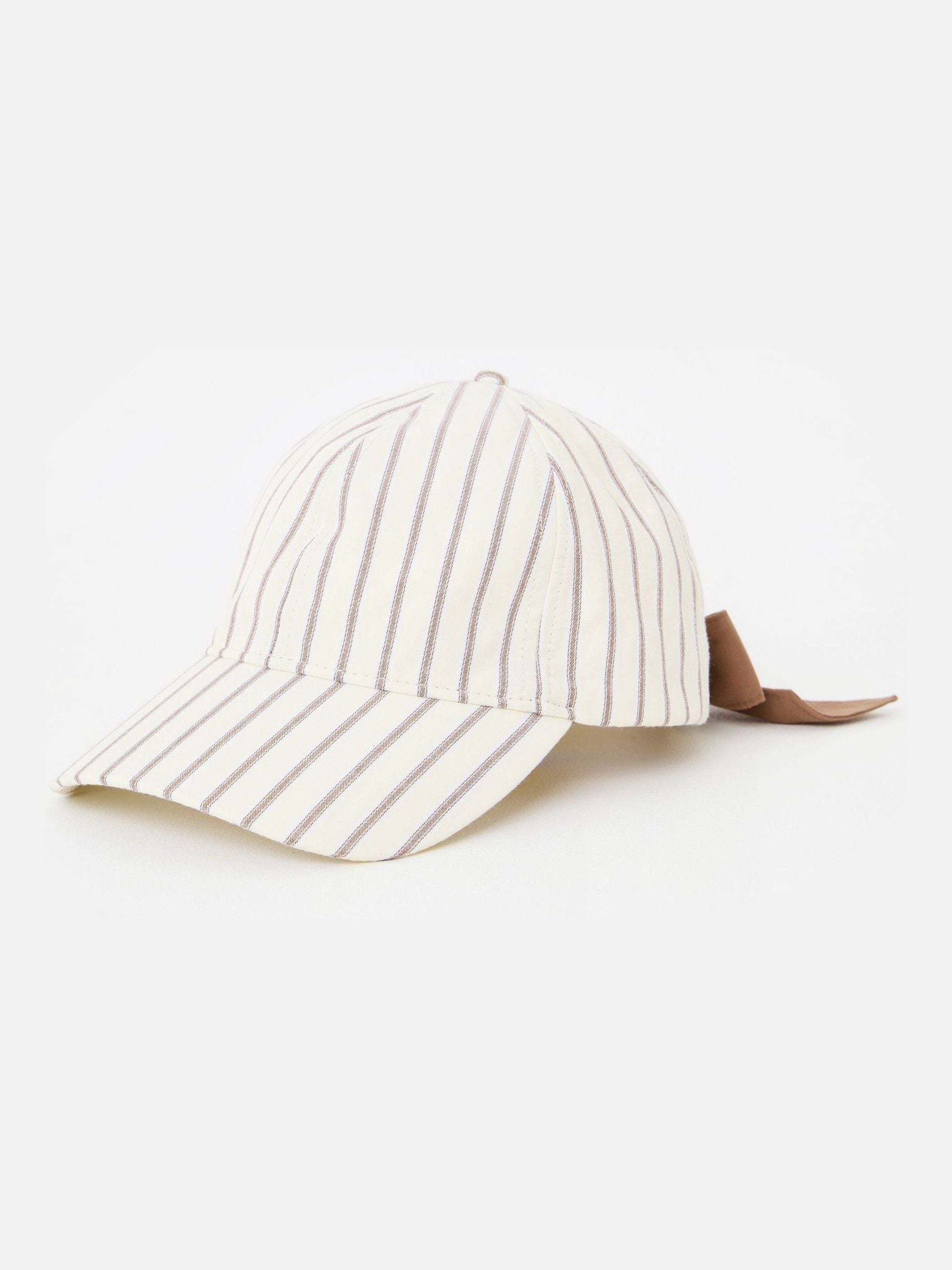 Oliver Bonas butter yellow brown striped bow cap hat - British product