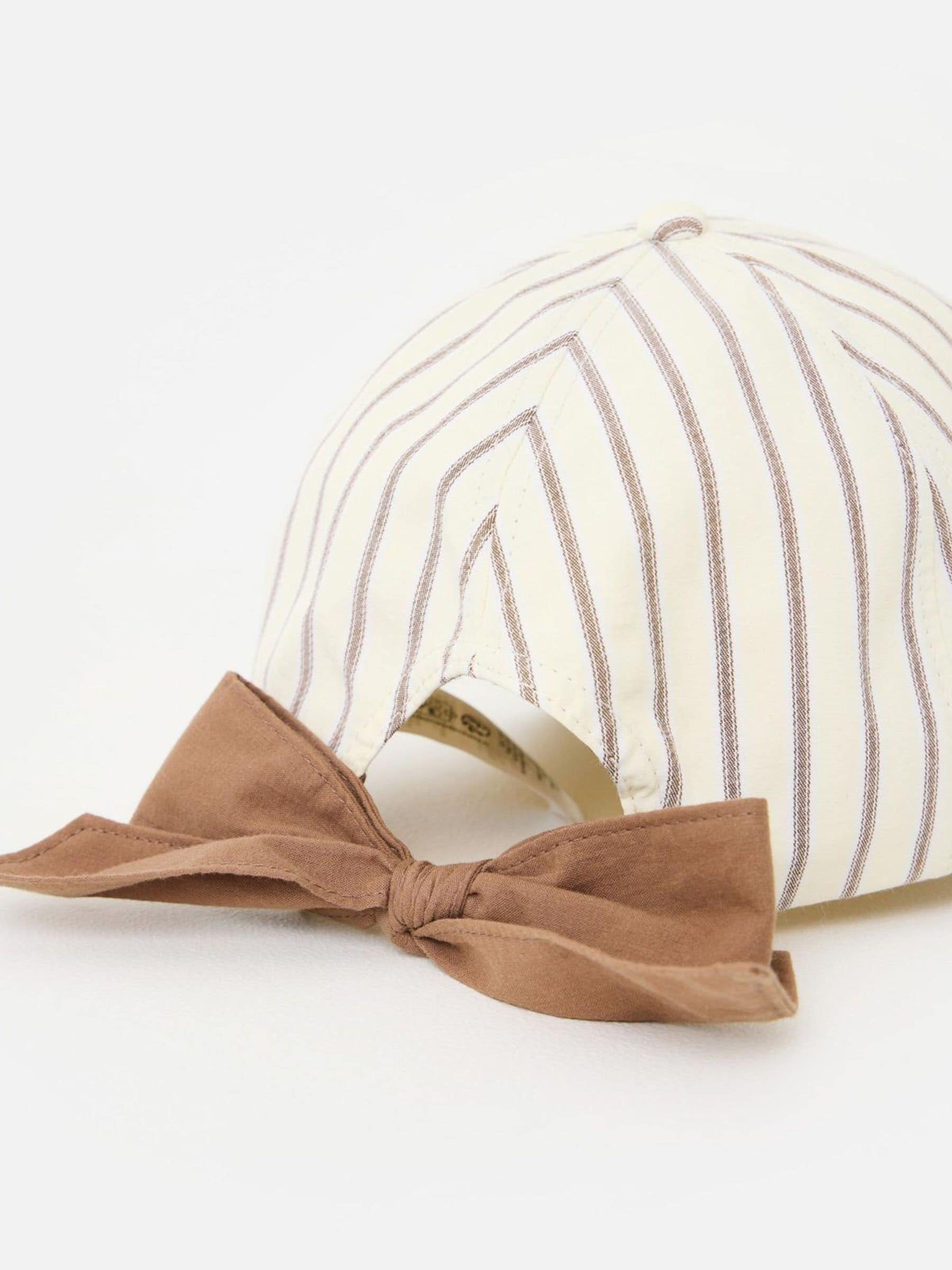Oliver Bonas butter yellow brown striped bow cap hat - British product