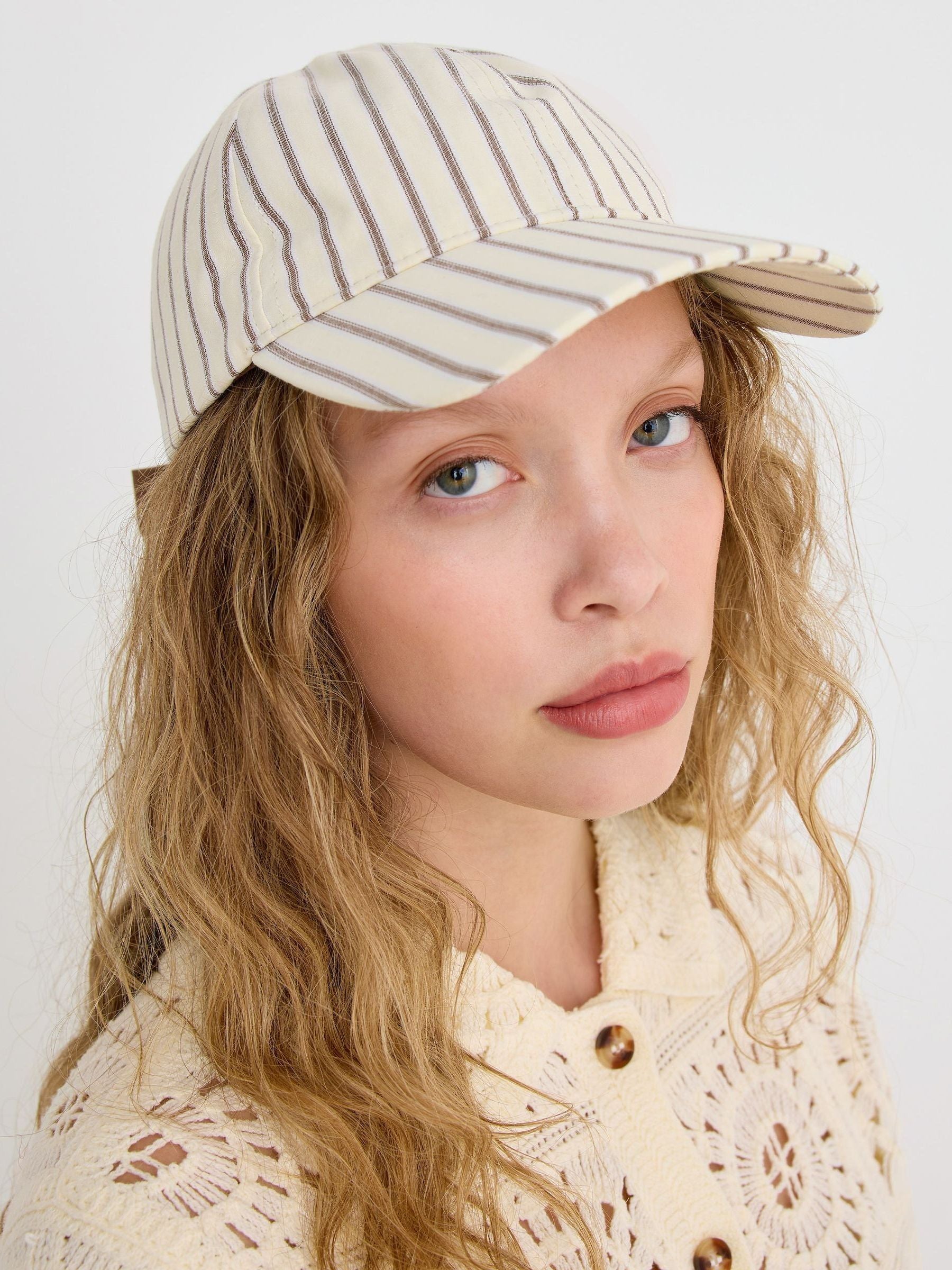 Oliver Bonas butter yellow brown striped bow cap hat - British product