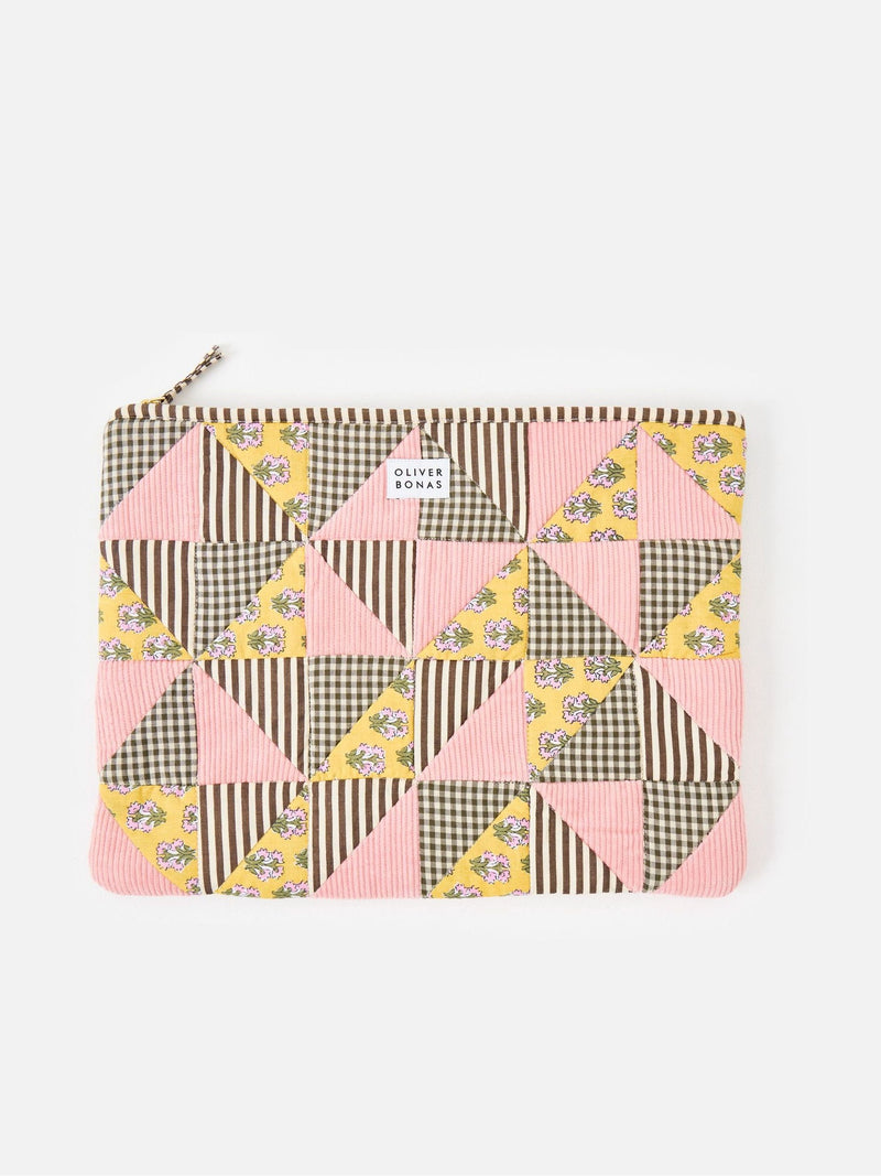 Oliver Bonas Pink Emily patchwork corduroy laptop case, imported from the UK