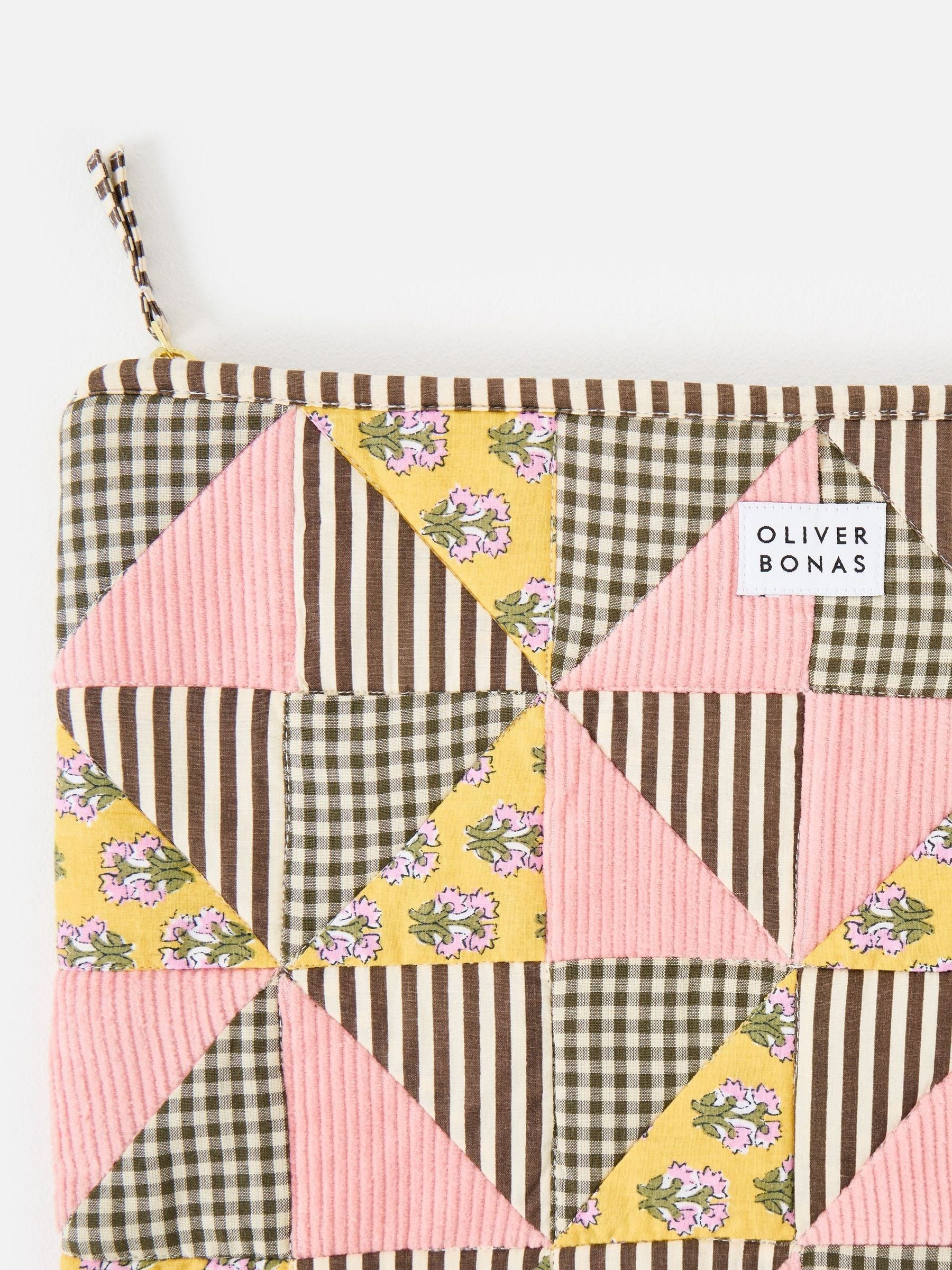 Oliver Bonas Pink Emily patchwork corduroy laptop case, imported from the UK