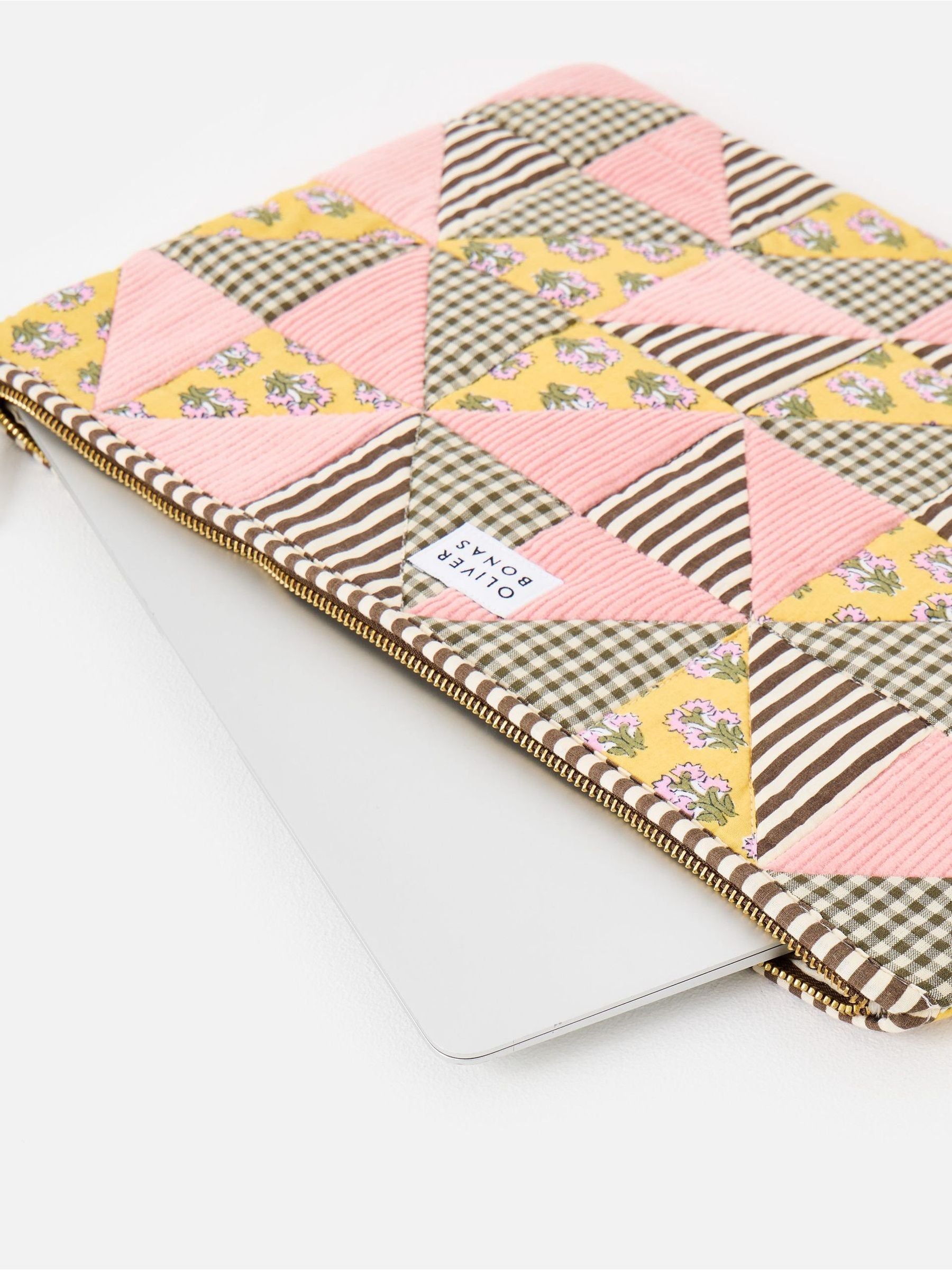 Oliver Bonas Pink Emily patchwork corduroy laptop case, imported from the UK