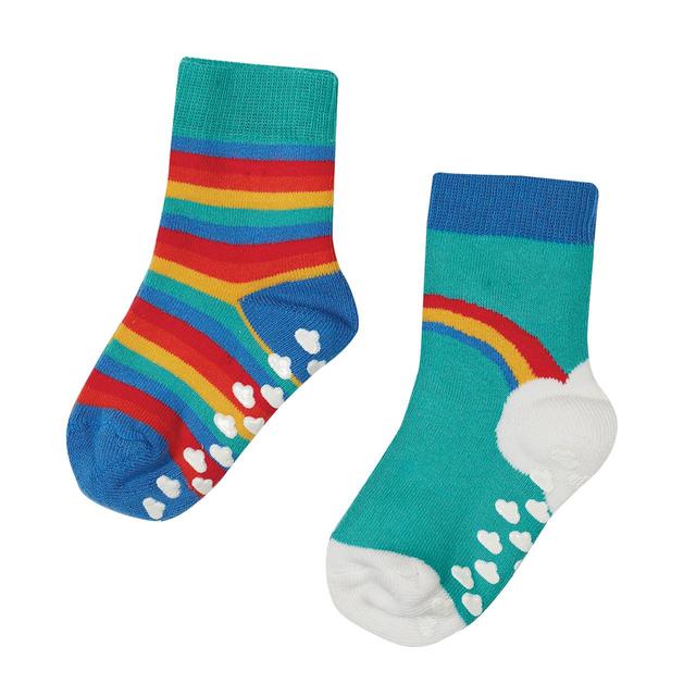 Frugi Baby Boys Non-Slip Grippy Socks Size 0-6 Months Rainbow Stripe   2 per pack GOODS M&S   