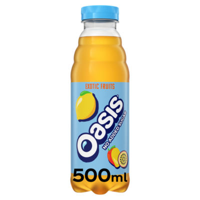 Oasis Exotic Fruits no added sugar juice drink 500ml, UK version