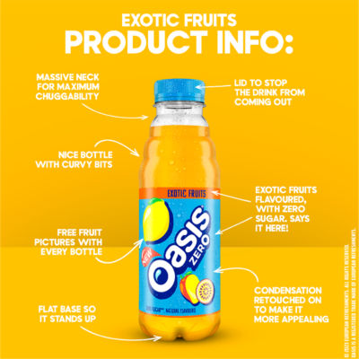 Oasis Exotic Fruits no added sugar juice drink 500ml, UK version