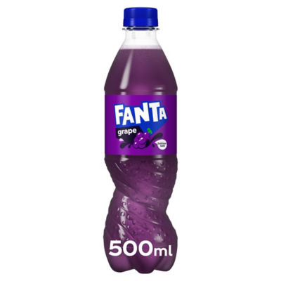 Fanta Grape 500ml soft drink bottle, imported from the UK