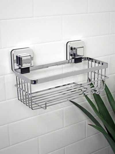 Showerdrape Chrome Suction Wall Mounted Bottle Basket Pushloc Shower Caddy