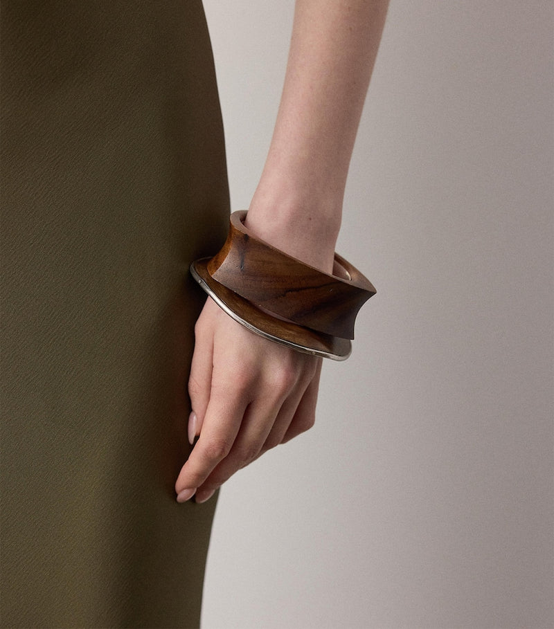 Ralph Lauren Collection asymmetrical cuff wood and silver-tone brass - British product