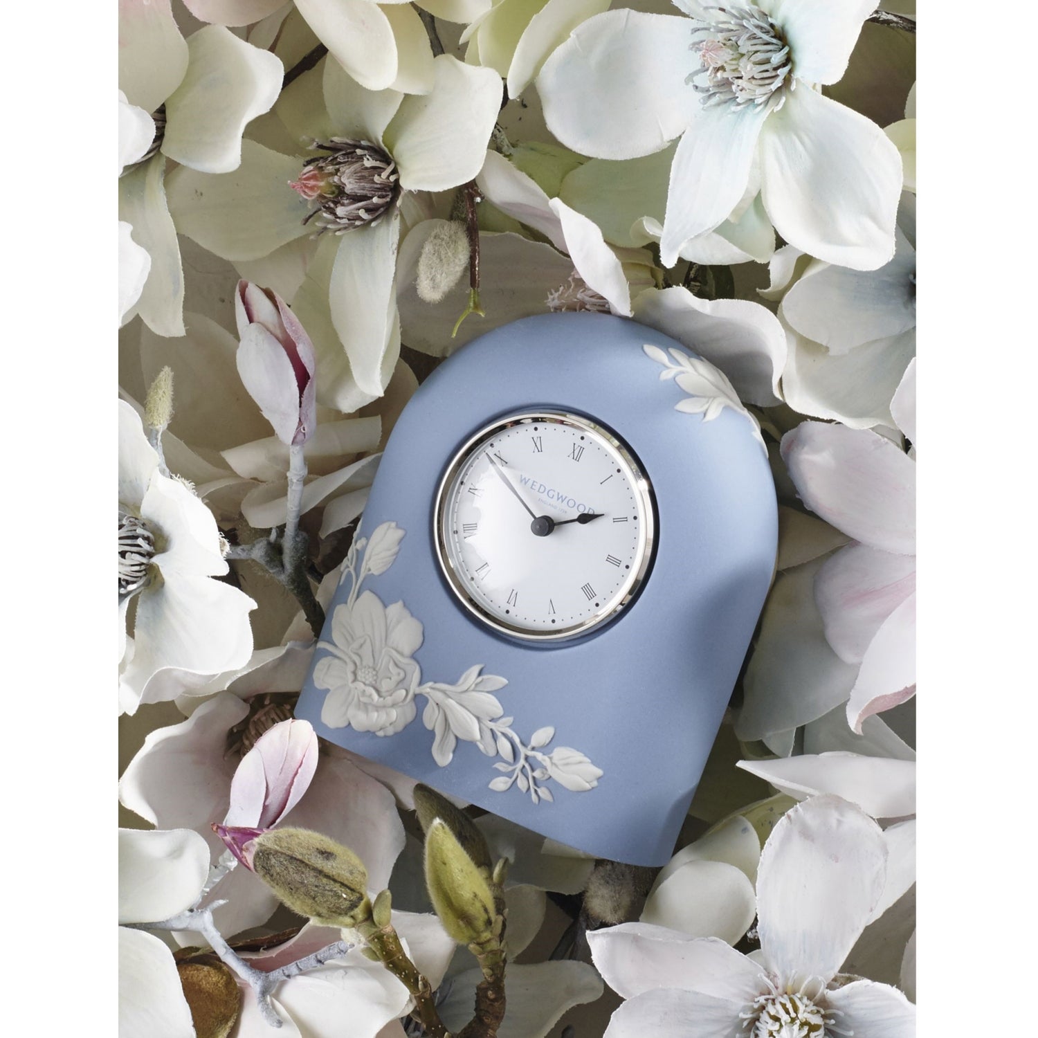 Wedgwood Magnolia Blossom jasperware mantel clock 13cm, imported from the UK