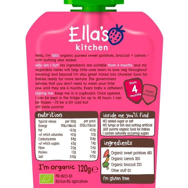 Ella's Kitchen Sweet Potatoes Broccoli + Carrots Baby Food Pouch 4+ Months   120g GOODS M&S   