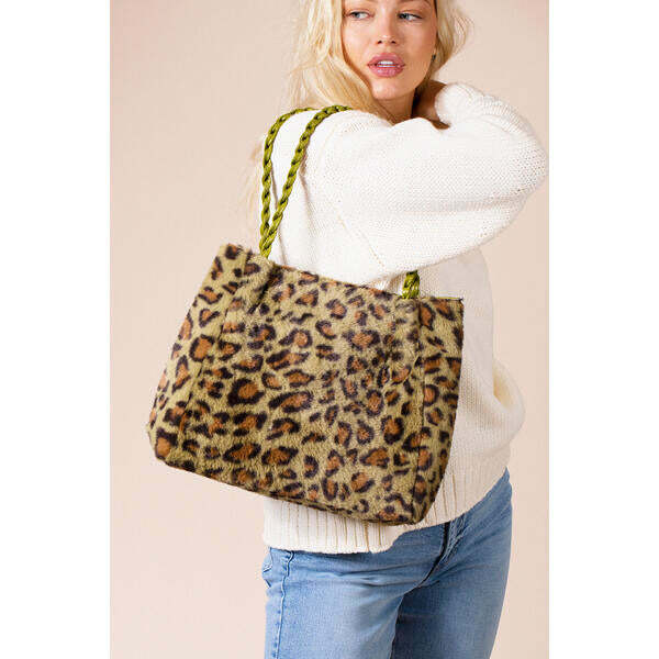 SVNX Leopard Faux Fur Tote Bag Olive (British brand)