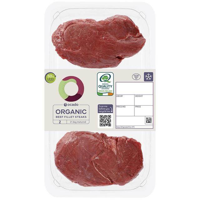 Ocado Organic 2 Beef Fillet Steaks   Typically: 360g