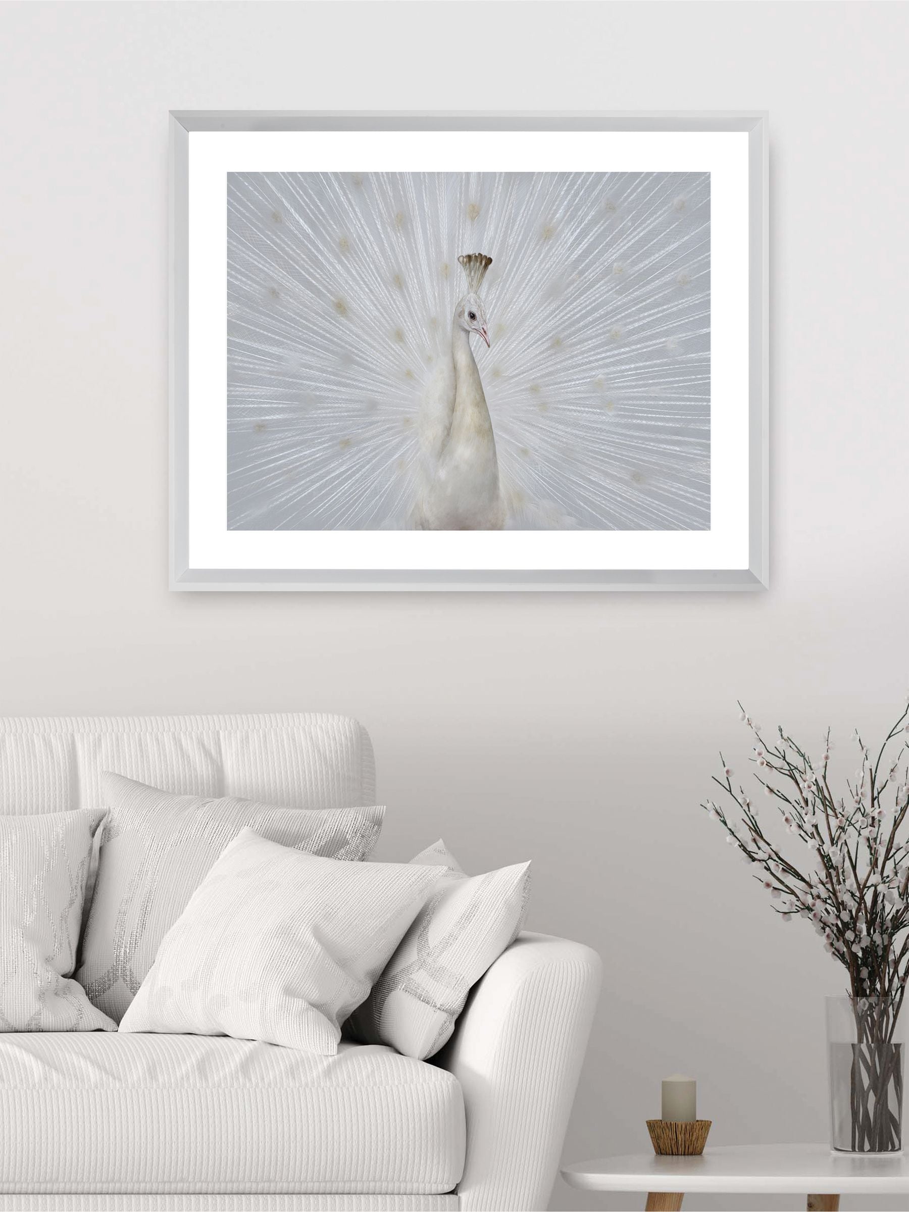 Brookpace Lascelles white peacock fan framed artwork - British product