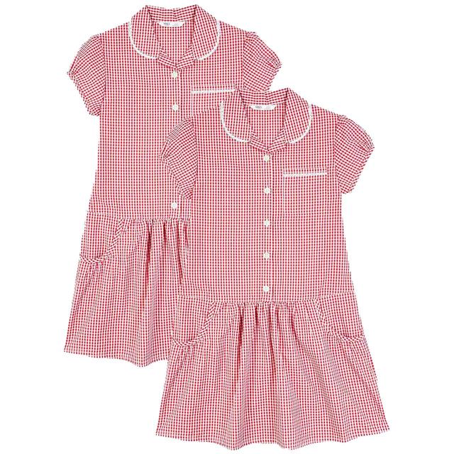 M&S 2pk Girls' Cotton Gingham School Dresses 4-10 Years Red GOODS M&S   