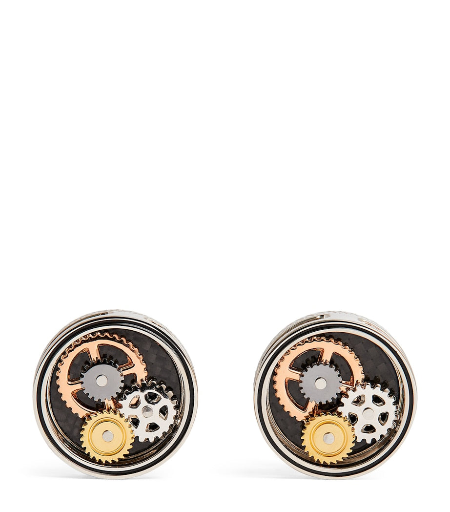 Tateossian circle gear cufflinks in rhodium plated silver (British brand)