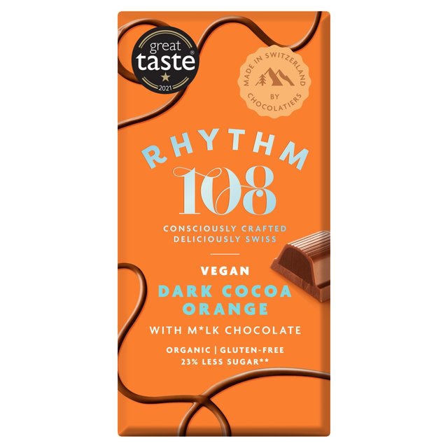 Rhythm 108 Swiss Vegan Dark Cocoa Orange Bar with M'lk Chocolate   100g