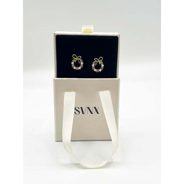 SVNX pearl and diamante bow wreath stud earrings gold stainless steel - British product