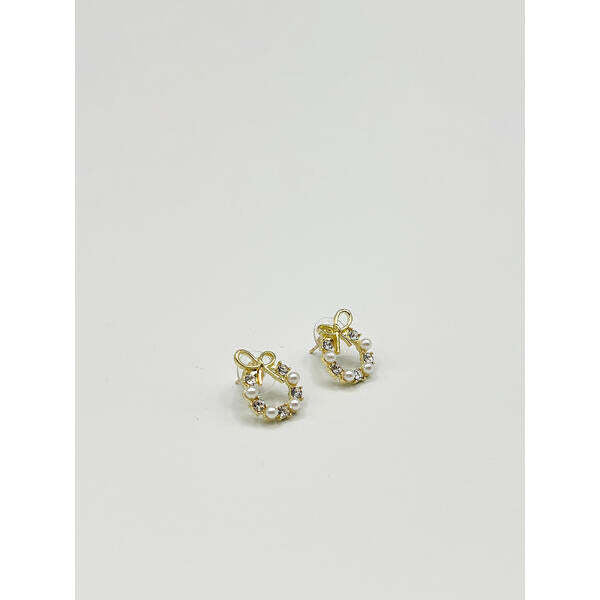 SVNX pearl and diamante bow wreath stud earrings gold stainless steel - British product