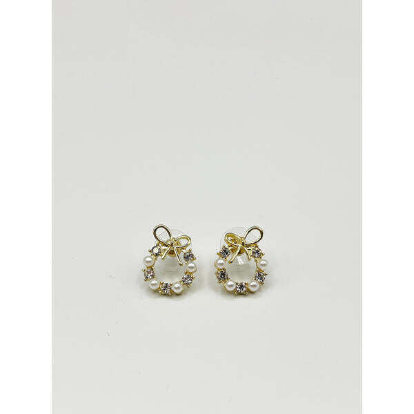 SVNX pearl and diamante bow wreath stud earrings gold stainless steel - British product