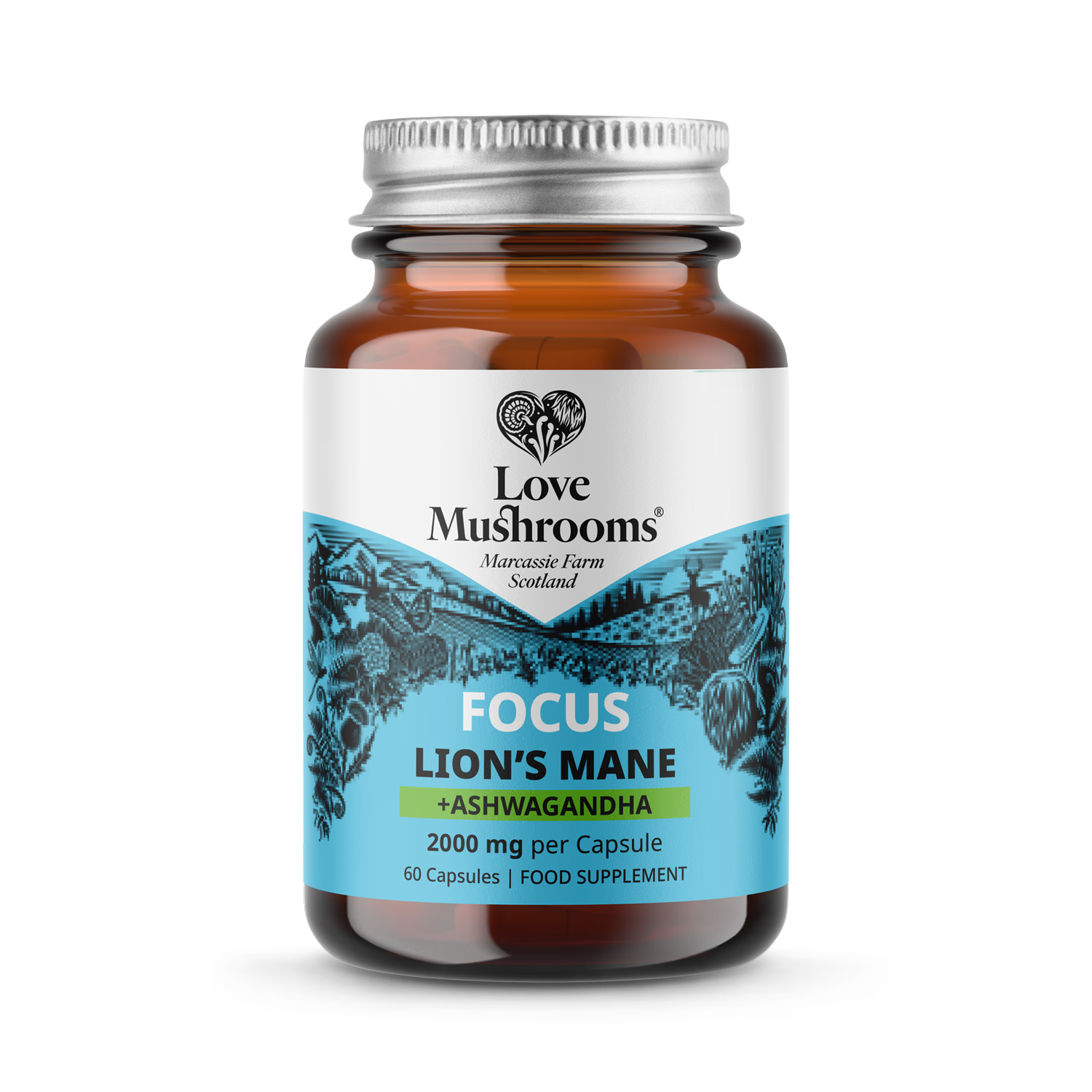 Love Mushrooms Lion's Mane Ashwagandha supplement capsules 2000mg, imported from the UK