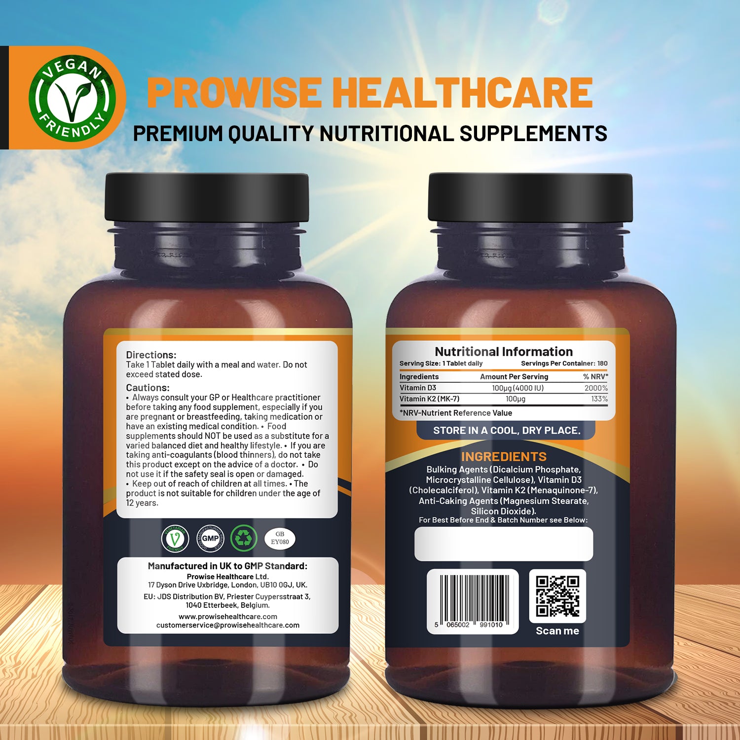 Prowise Healthcare Vitamin D3 K2 supplement 180 tablets - British product