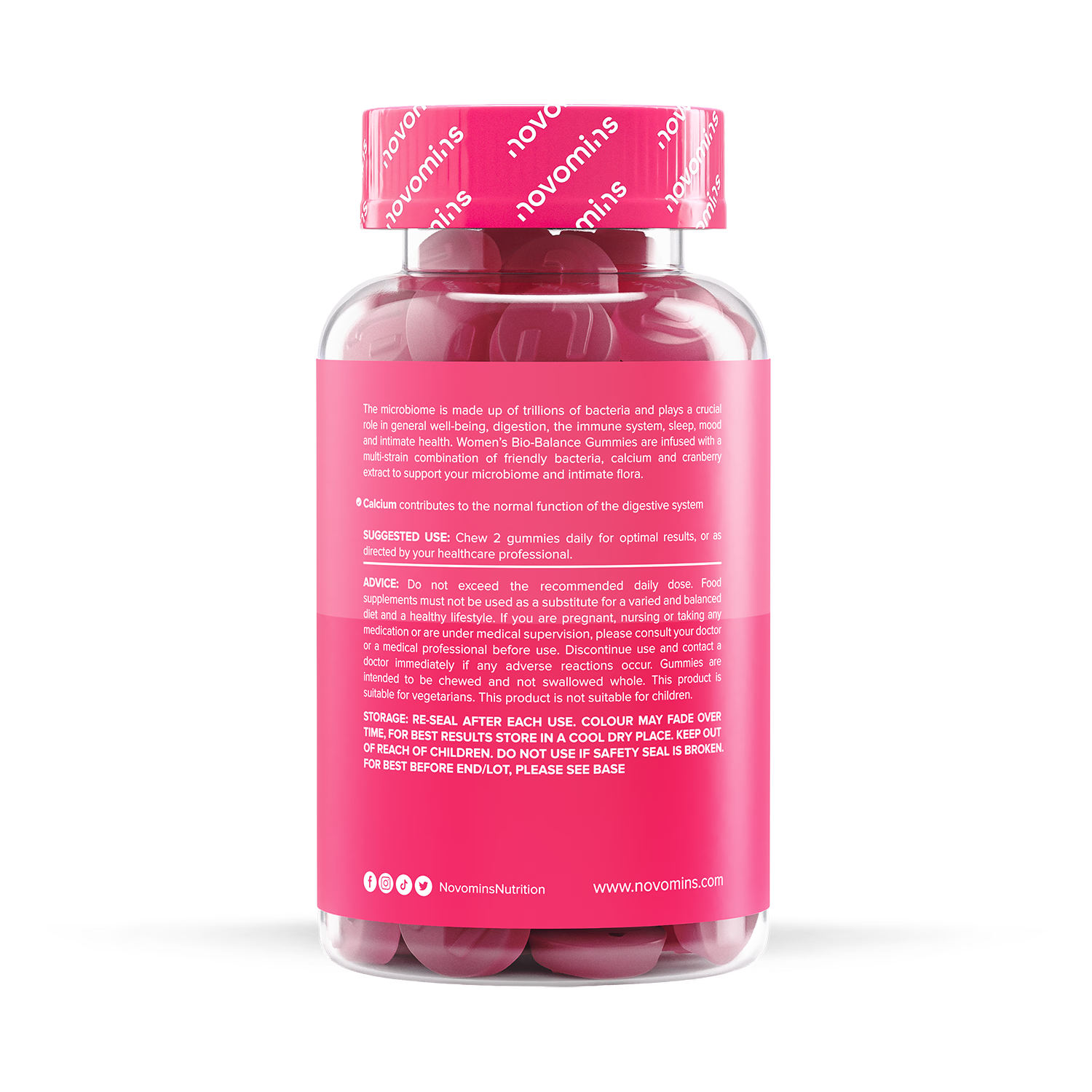 Novomins Women's Bio-Balance Strawberry Flavoured Probiotic Gummies 60 Gummies, imported from the UK
