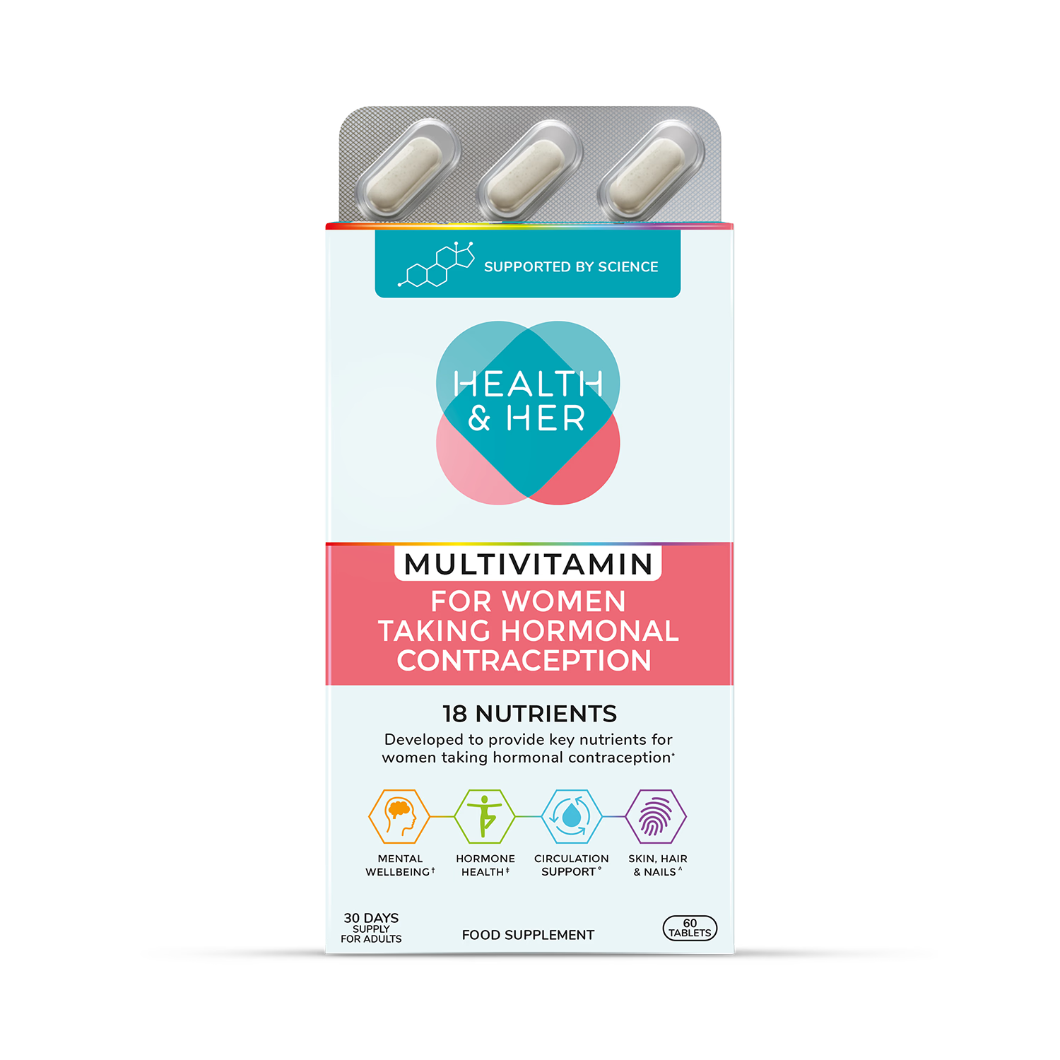 Health & Her contraceptive multivitamin support 60 tablets (British brand)