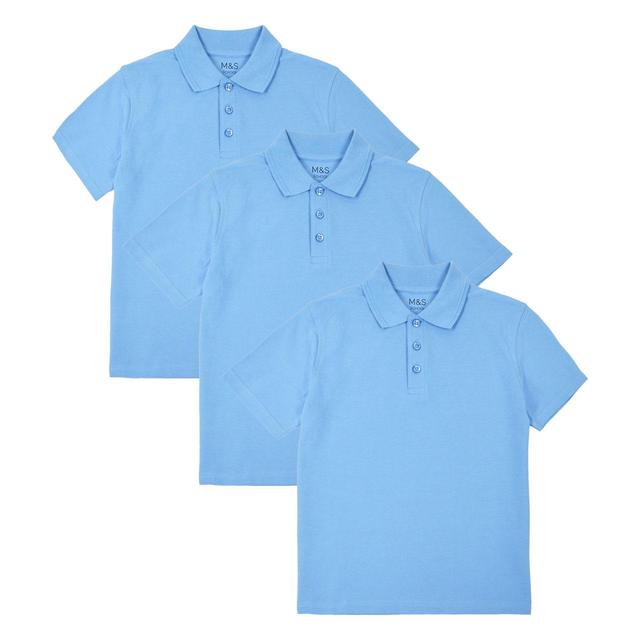 M&S 3pk Pure Cotton School Polo Shirts 3-12 Years Blue