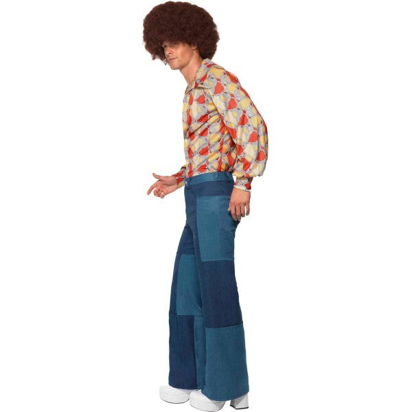 Smiffys 1970s retro costume blue shirt patchwork denim trousers, UK version