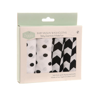 Superdrug Ziggle Baby Cotton Muslin Washcloths Black & White Sensory 4 Pack - اشترِ عبر الإنترنت من McGrocer