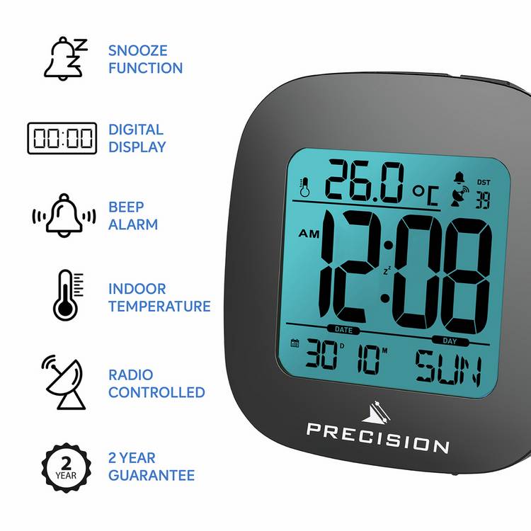 Precision radio controlled alarm clock with LCD display - British product