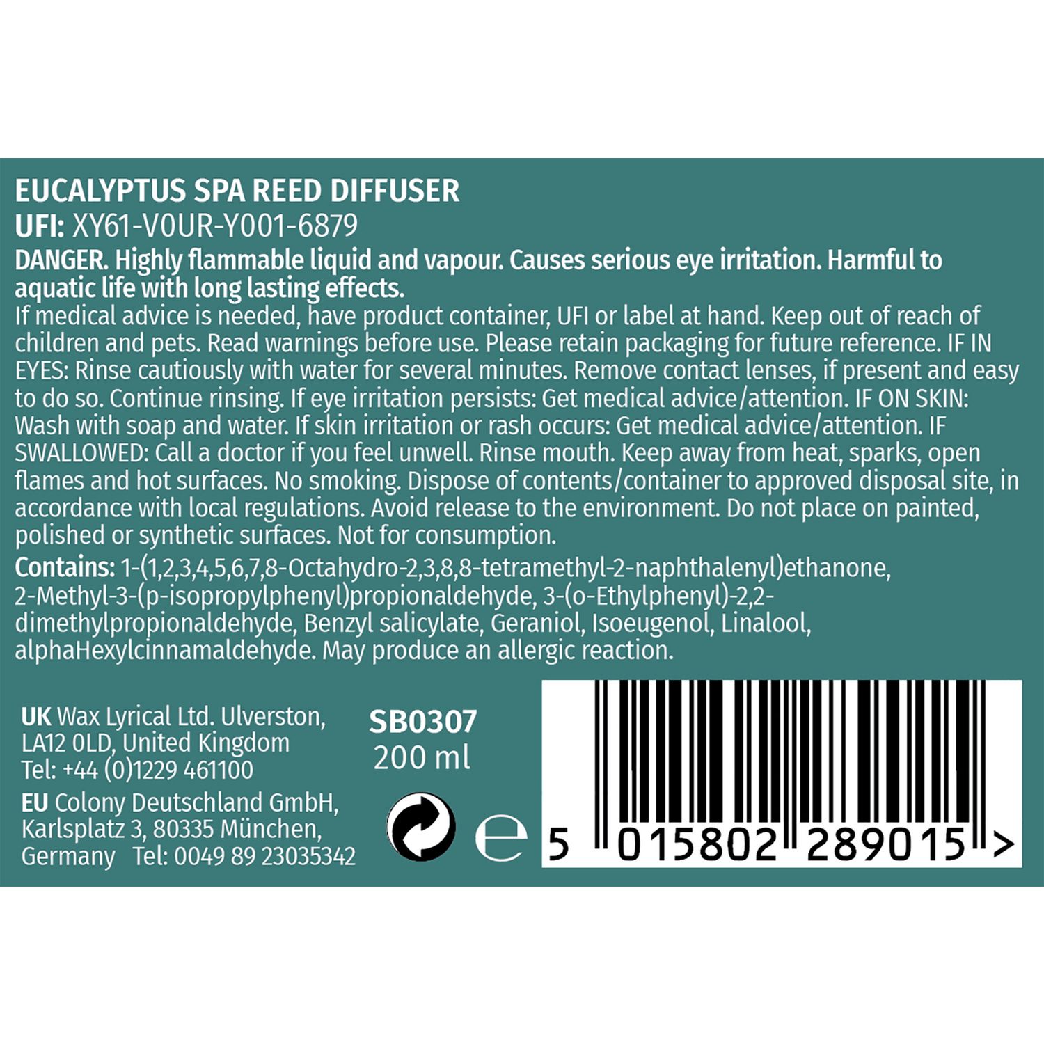 Wax Lyrical reed diffuser refill 200ml Eucalyptus Spa, imported from the UK