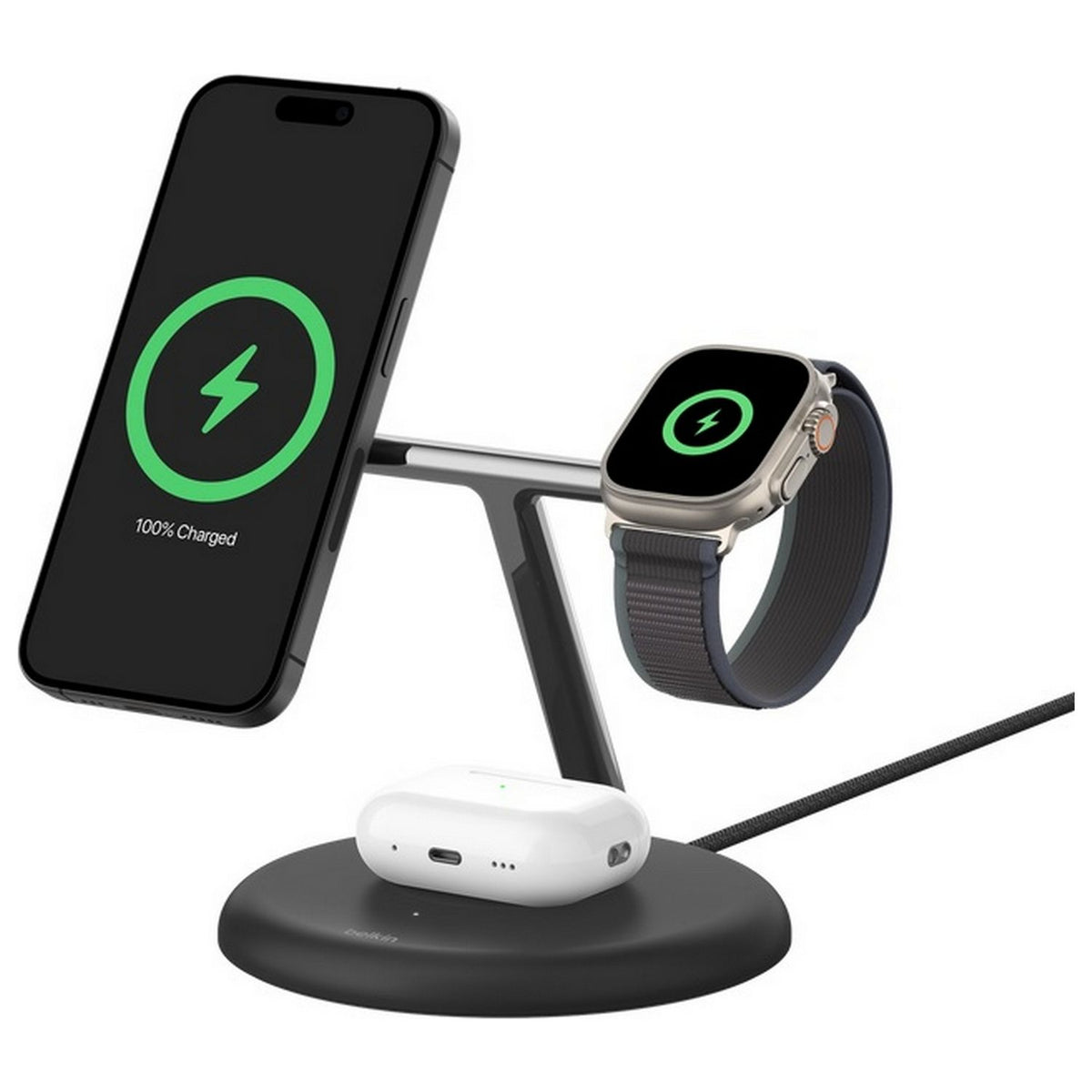 Belkin 3 in 1 MagSafe Compatible Qi2 Wireless Charger -Black