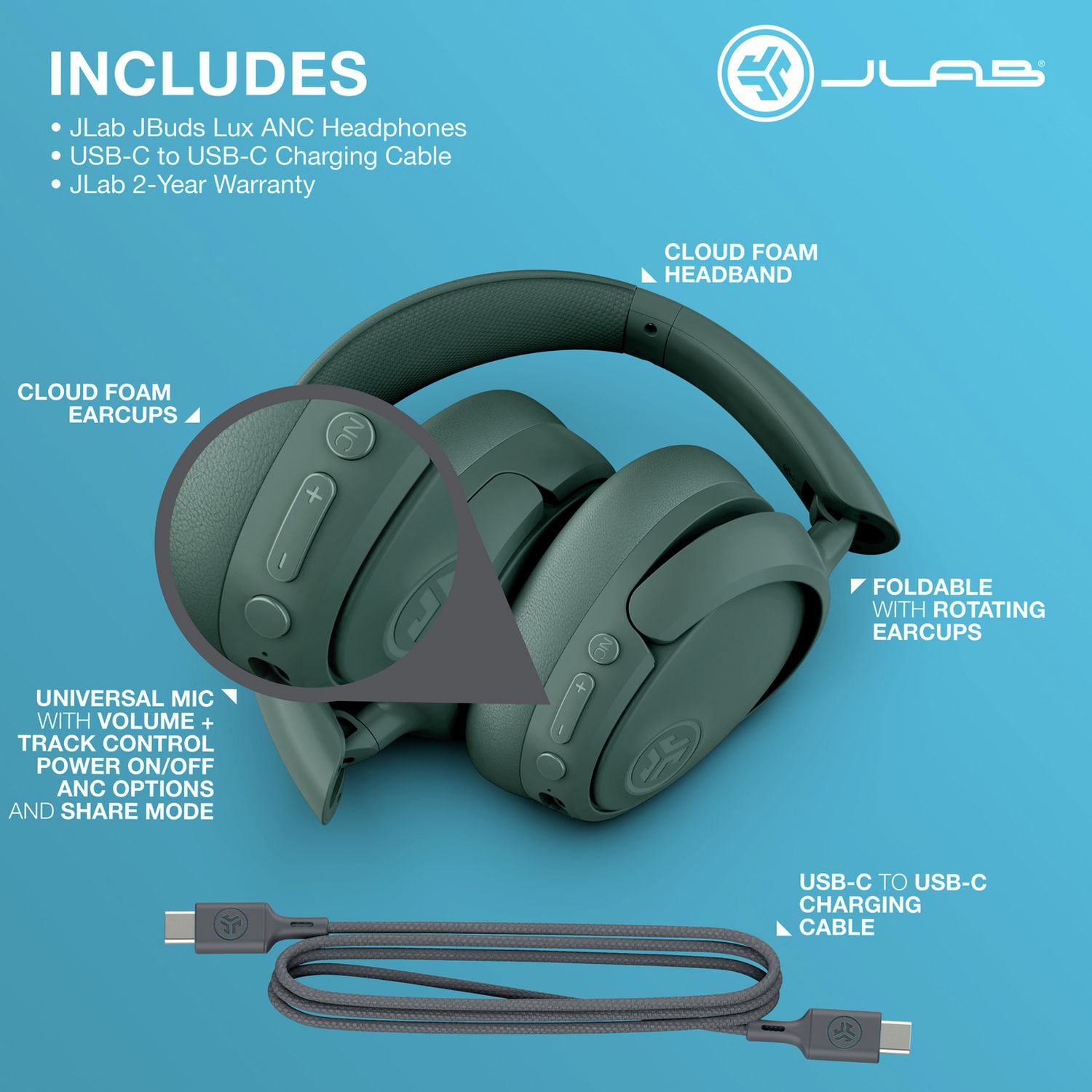 JLab JBuds Lux ANC wireless headphones in Sage - British product