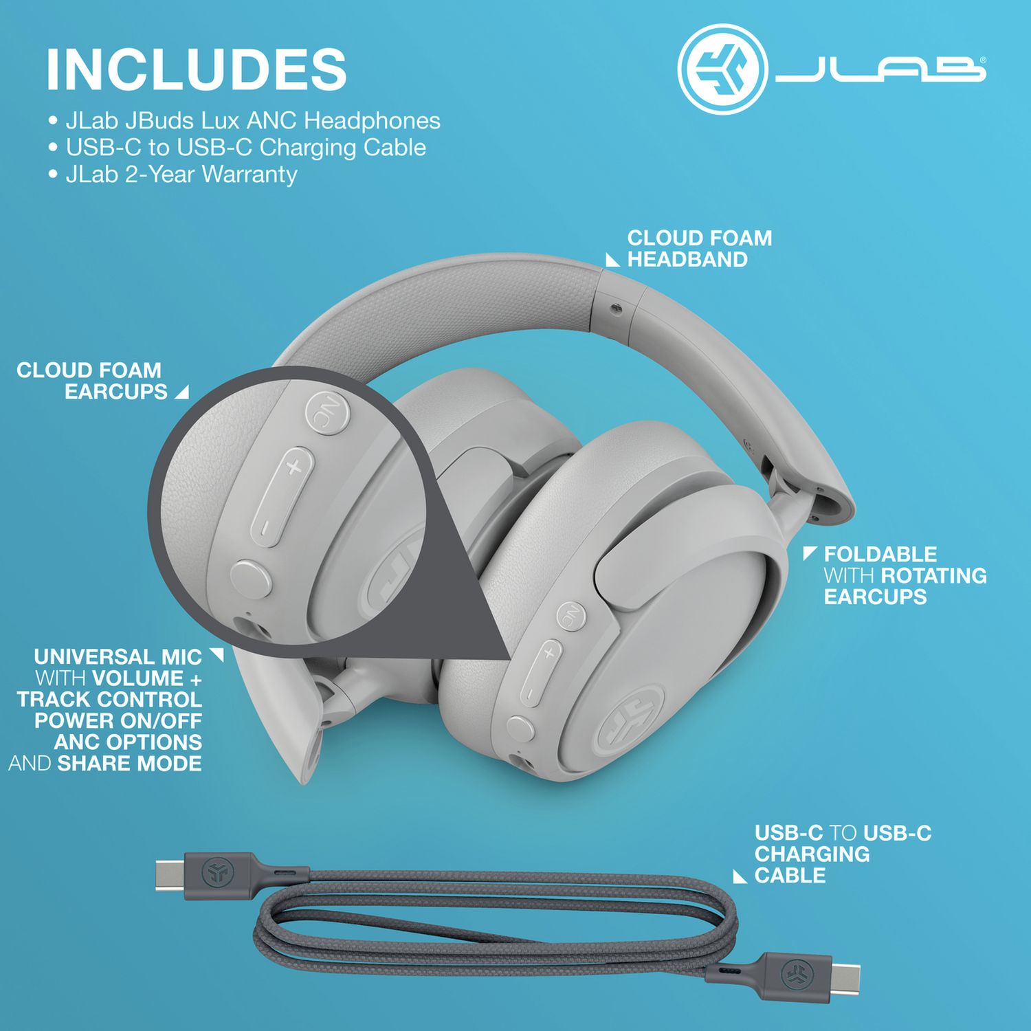 JLab JBuds Lux ANC over-ear headphones Cloud White, UK version