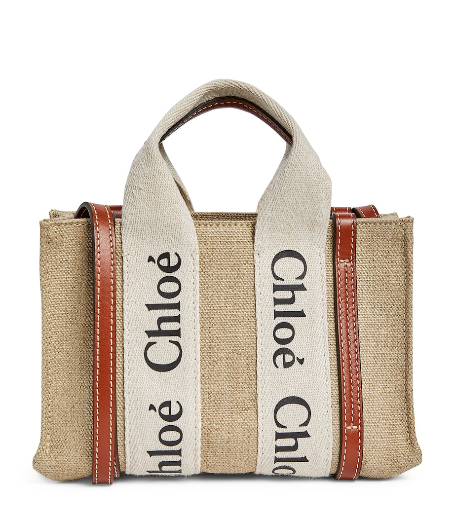 Chloé Mini Woody Tote Bag cotton canvas leather trims, imported from the UK