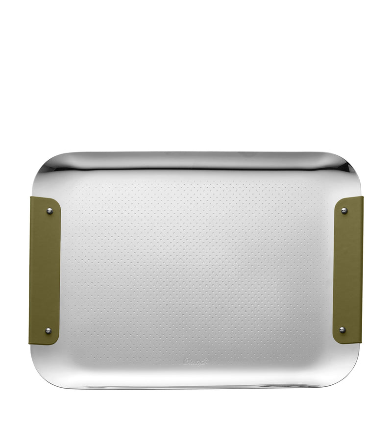 Christofle leather-trim rectangular tray with hammered dot effect 32cm - British product