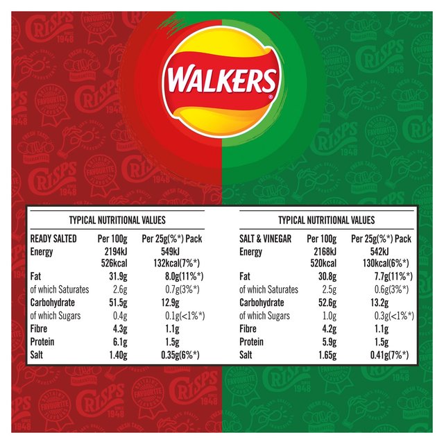 Walkers Ready Salted Salt & Vinegar Variety Multipack Crisps   12 per pack