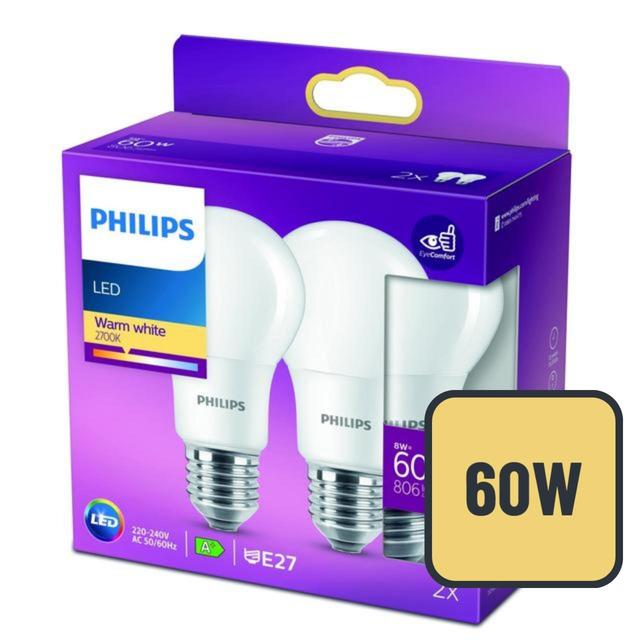 Philips LED Classic Frosted 60W A60 Light Bulb E27 Warm White    2 per pack