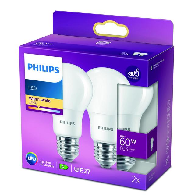 Philips LED Classic Frosted 60W A60 Light Bulb E27 Warm White    2 per pack GOODS M&S   