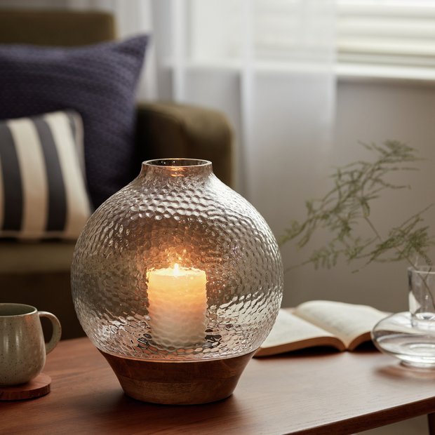 Habitat hammered glass hurricane candle holder wooden base, imported from the UK