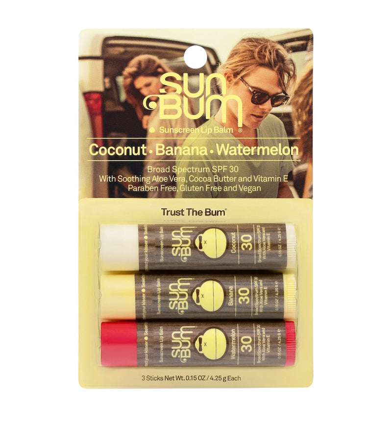 Sun Bum lip balm SPF 30 set in watermelon, coconut, and banana, 3 x 4.25g (British brand)