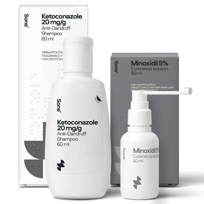 Superdrug Sons Minoxidil 5% and Ketoconazole Shampoo 2% Hair Loss Treatment Bundle 2x60ml- Buy online at McGrocer