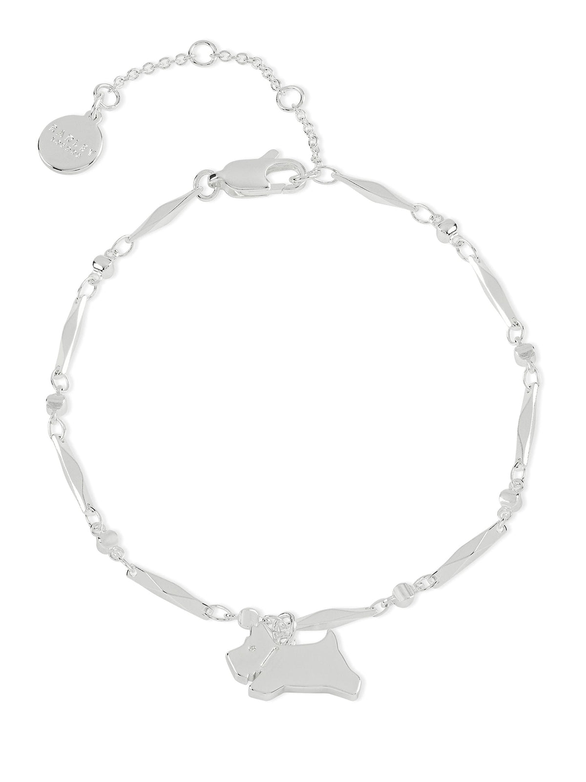 Radley ladies silver tone jumping dog charm bracelet, imported from the UK