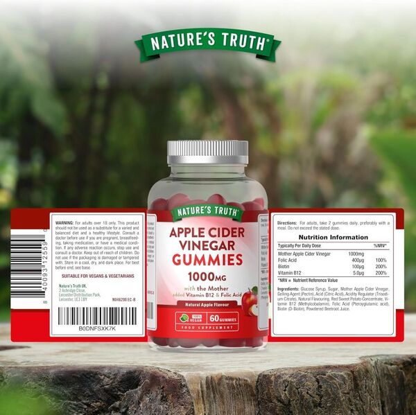 Nature's Truth apple cider vinegar gummies 1000mg 60 count, imported from the UK