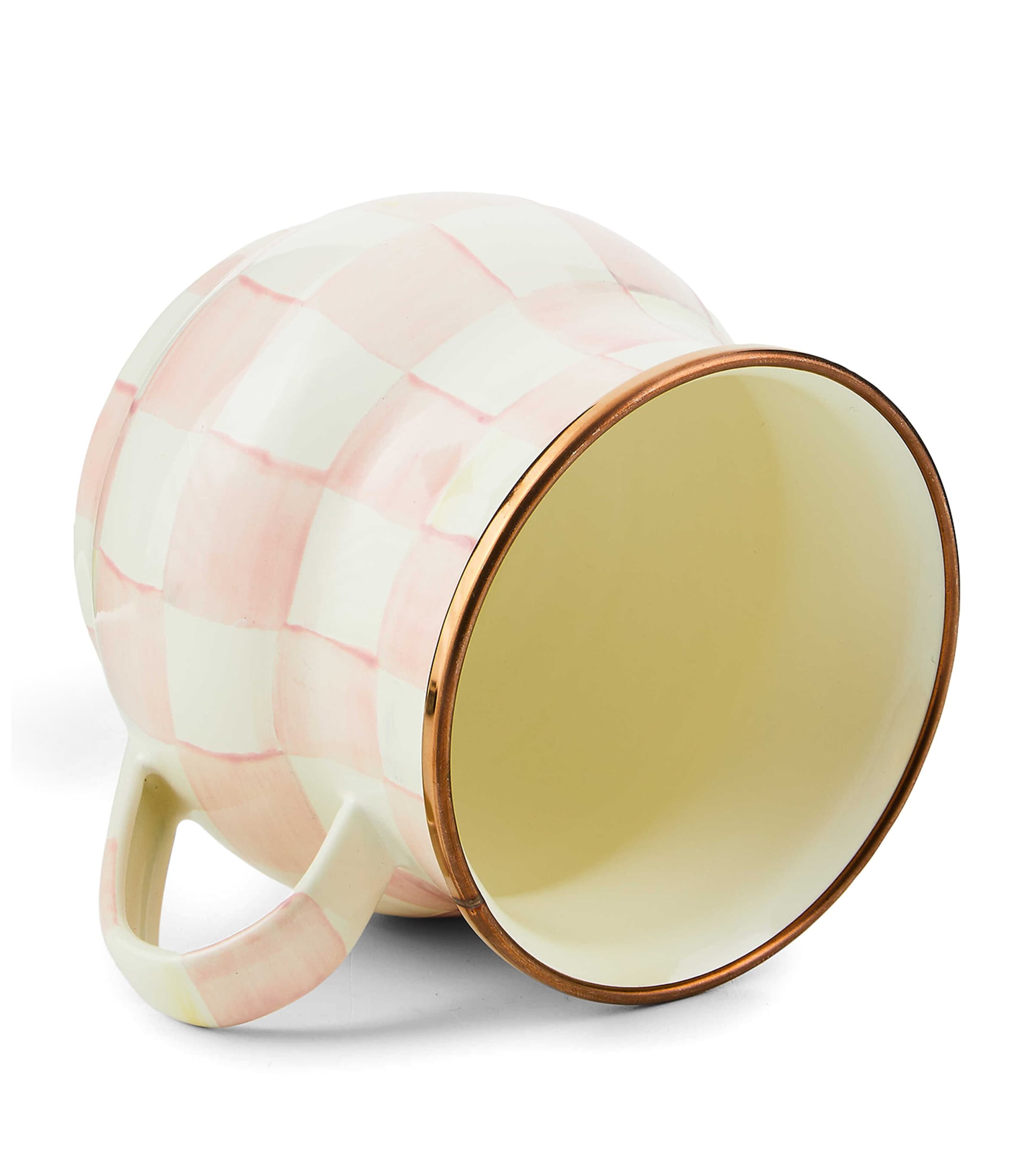 MacKenzie-Childs Rosy Check enamel mug, imported from the UK